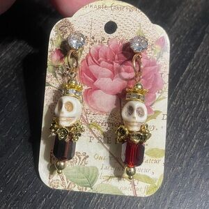 Gold and Red Skull Drop Earrings